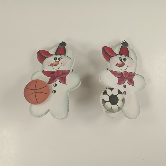 Sporty Snowmen Wooden Country Christmas Ornament Lot: Basketball, Soccer Sports - Picture 4 of 4